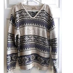 St Johns Bay Womens 2X Fair Isle Snowflake V Neck Sweater Tan Grey Black VTG 80s
